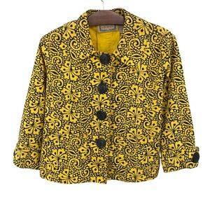 Life Style Yellow‎ Floral Print Button Up Jacket Size M Black Accent Cotton